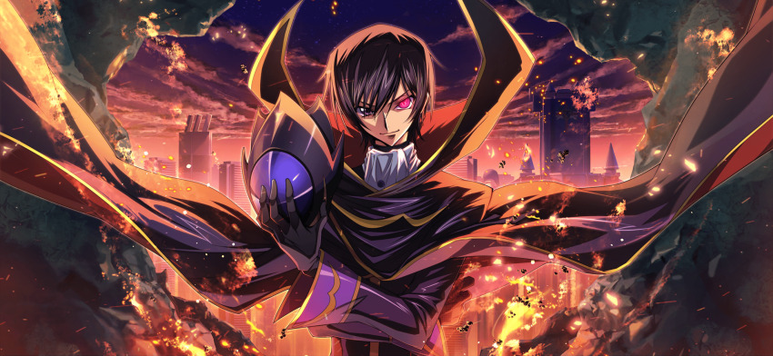 1boy artist_request ascot backlighting black_cape black_coat black_gloves black_hair black_headwear cape city closed_mouth cloud coat code_geass code_geass:_lost_stories crossed_arms embers fire game_cg geass gloves gold_trim gradient_sky hair_between_eyes hand_up happy helmet heterochromia high_collar highres holding holding_helmet hole_in_wall lelouch_vi_britannia long_sleeves male_focus night non-web_source official_art orange_sky outdoors outline pink_eyes purple_eyes purple_sky short_hair sidelocks sky smile solo standing unworn_headwear unworn_helmet upper_body v-shaped_eyebrows white_ascot zero_(code_geass)