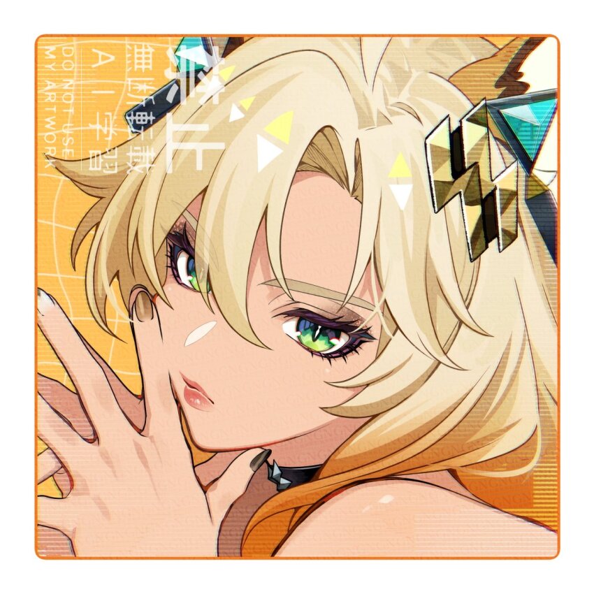 1girl animal_ears black_choker black_eyeshadow blonde_hair border brown_nails cat_ears choker close-up closed_mouth con_potata dark-skinned_female dark_skin eyeshadow genshin_impact gradient_hair green_eyes hands_up highres looking_at_viewer makeup multicolored_hair orange_hair portrait red_lips slit_pupils solo steepled_fingers white_border xilonen_(genshin_impact)