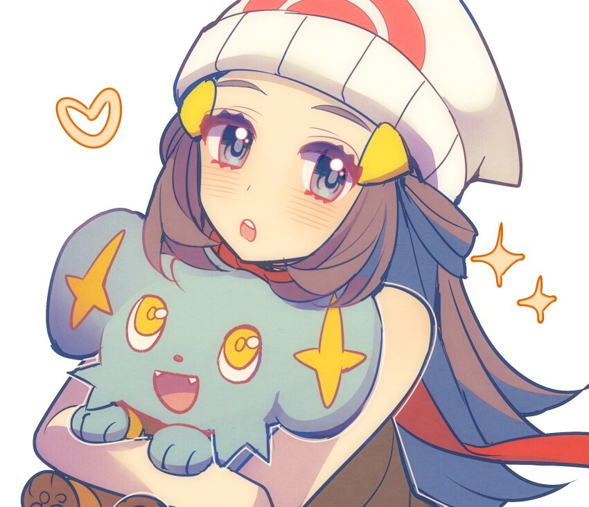 1girl beanie black_hair dawn_(pokemon) floating_scarf gen_4_pokemon hair_ornament hairpin hat heart highres multiple_hairpins nintendo pkm_lemon poke_ball_symbol pokemon pokemon_(creature) pokemon_dppt red_scarf scarf shinx star_(symbol) upper_body white_background white_hat