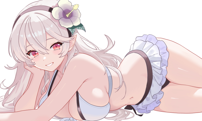 1girl absurdres armpit_crease bare_arms bare_shoulders bikini bikini_skirt black_hairband breast_press breasts cleavage female_corrin_(fire_emblem) female_corrin_(novice_vacationer)_(fire_emblem) fire_emblem fire_emblem_fates fire_emblem_heroes flower grey_hair grin hair_between_eyes hair_flower hair_ornament hairband halterneck head_rest highres large_breasts long_hair looking_at_viewer lying n_54 navel nintendo official_alternate_costume on_stomach pointy_ears red_eyes sideboob simple_background skindentation skirt smile solo stomach swimsuit thighs white_background white_bikini white_skirt