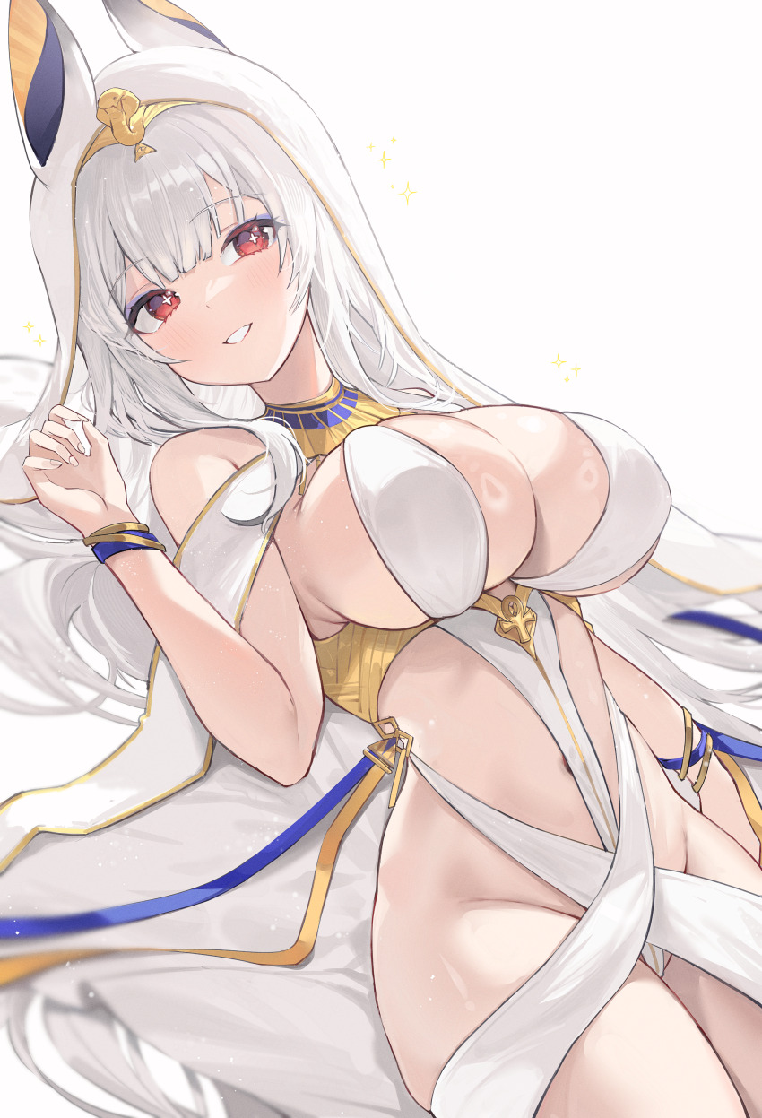 1girl absurdres animal_ears azur_lane bare_shoulders bracelet breasts cleavage covered_navel fake_animal_ears gold_trim grin gurami_(zangizarang) hand_up highres jewelry large_breasts long_hair looking_at_viewer lying official_alternate_costume on_back red_eyes revealing_clothes scylla_(a_maid&#039;s_judgment)_(azur_lane) scylla_(azur_lane) sideboob smile solo star-shaped_pupils star_(symbol) symbol-shaped_pupils veil very_long_hair white_background white_hair white_veil