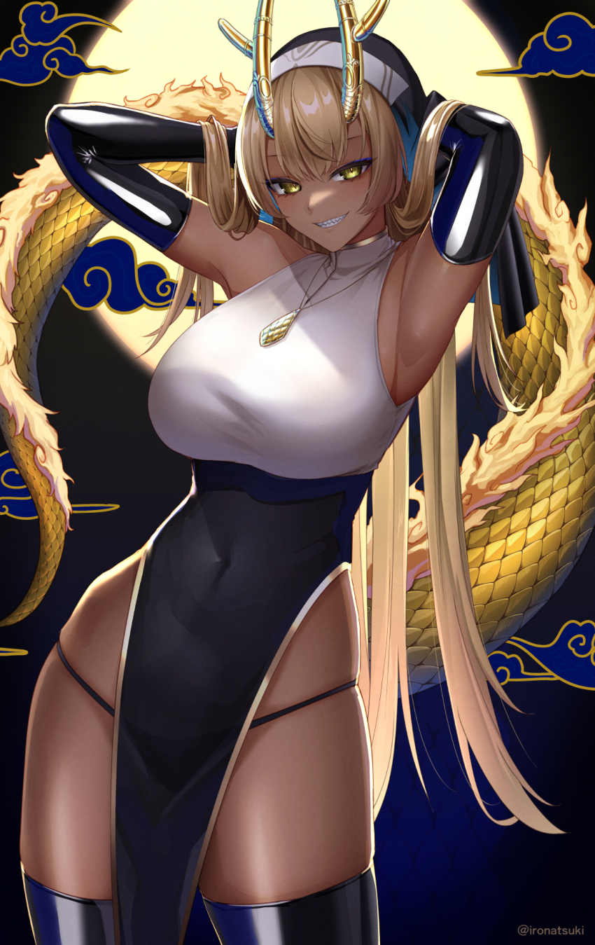 1girl armpits arms_behind_head arms_up backlighting bare_shoulders black_gloves black_panties black_skirt black_thighhighs blonde_hair breasts covered_navel cowboy_shot dark-skinned_female dark_skin dragon_horns dragon_tail elbow_gloves gloves gold_trim grin high-waist_skirt highres horns ironatsuki jewelry large_breasts latex latex_gloves long_hair looking_at_viewer necklace original panties panty_straps pelvic_curtain sharp_teeth shirt skindentation skirt sleeveless sleeveless_shirt smile solo standing tail taut_clothes taut_shirt teeth thighhighs thighs underwear veil very_long_hair white_shirt yellow_eyes