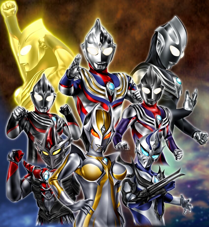 1girl 3boys alien arm_blade armor arms_up aura black_skin blue_eyes blue_skin breastplate breasts camearra clenched_hands color_timer colored_skin commentary compound_eyes cropped_torso crystal dark_persona darramb dorsal_fin facial_mark fighting_stance forehead_jewel glowing glowing_eyes grey_skin hand_on_own_hip hands_up hanejidyna86 highres horns hudra looking_at_viewer medium_breasts multicolored_skin multiple_boys multiple_forms muscular muscular_male orange_eyes outstretched_arm pectorals pointy_ears purple_skin red_armor red_skin shoulder_armor shoulder_pads silver_skin standing tokusatsu tsurime twitter_username ultra_series ultraman_tiga ultraman_tiga:_the_final_odyssey ultraman_tiga_(glitter_tiga) ultraman_tiga_(multi_type) ultraman_tiga_(series) ultraman_tiga_(tiga_blast) ultraman_tiga_(tiga_dark) ultraman_tiga_(tiga_tornado) upper_body weapon white_eyes yellow_aura yellow_eyes