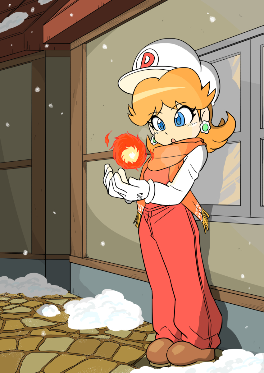 1girl blue_eyes brown_shoes earrings fire flower_earrings gloves hat highres jewelry junnosu mario_(series) nintendo orange_scarf overalls princess_daisy pyrokinesis red_overalls scarf shoes snow snowing white_gloves white_hat