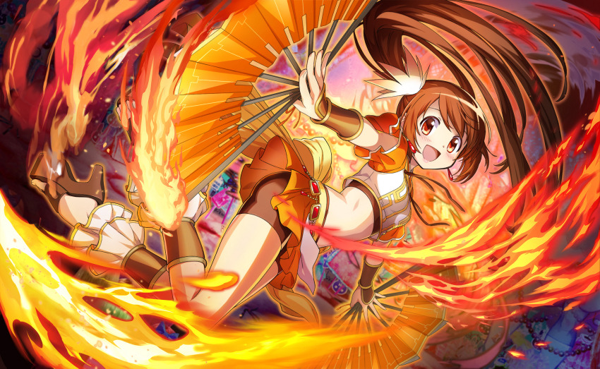 1girl artist_request belt bracer brown_hair brown_sandals brown_shorts cropped_shirt dot_nose dual_wielding earrings embers fire floating floating_clothes floating_hair flower folding_fan frills full_body gem hair_flower hair_ornament hand_fan happy high_heel_sandals highres holding holding_fan jewelry light_blush long_hair looking_at_viewer magia_record:_mahou_shoujo_madoka_magica_gaiden magical_girl mahou_shoujo_madoka_magica mahou_shoujo_madoka_magica_magia_exedra midriff miniskirt official_art open_mouth orange_eyes orange_flower orange_shirt orange_skirt pleated_skirt pleated_sleeves poleyn pyrokinesis red_gemstone sandals shirt short_sleeves shorts shorts_under_skirt side_ponytail skirt skirt_set smile solo swept_bangs tareme very_long_hair vest white_vest wide_sleeves witch&#039;s_labyrinth yui_tsuruno