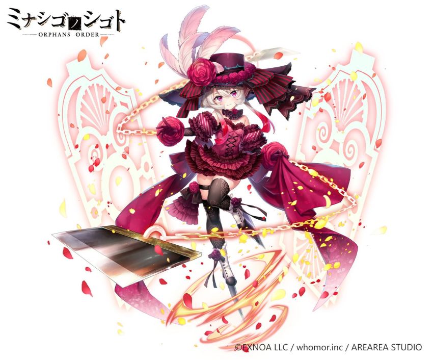 1girl black_thighhighs blade boots breasts chain closed_mouth copyright_notice copyright_request detached_sleeves dress feathers flower frilled_dress frilled_sleeves frills gloves gradient_hair grey_hair hair_between_eyes hat hat_feather hat_flower head_tilt highres multicolored_hair official_art petals pink_feathers platform_boots platform_footwear platform_heels puffy_short_sleeves puffy_sleeves purple_eyes purple_hat red_dress red_flower red_gloves red_hair red_rose rose ryuuki_(hydrangea) short_sleeves simple_background small_breasts smile solo standing standing_on_one_leg strapless strapless_dress thighhighs thighhighs_under_boots watermark white_background white_boots