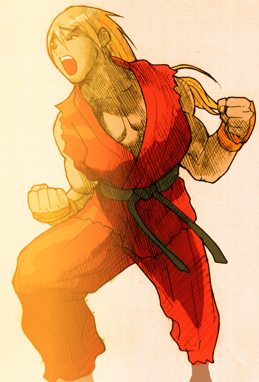 1boy angry barefoot bengus blonde_hair brown_eyes capcom clenched_hands dougi facing_to_the_side fighting_stance game_cg highres ken_masters long_hair looking_to_the_side male_focus martial_arts_belt marvel marvel_vs._capcom marvel_vs._capcom_2 muscular muscular_male non-web_source official_art open_mouth scan sidelighting simple_background solo street_fighter