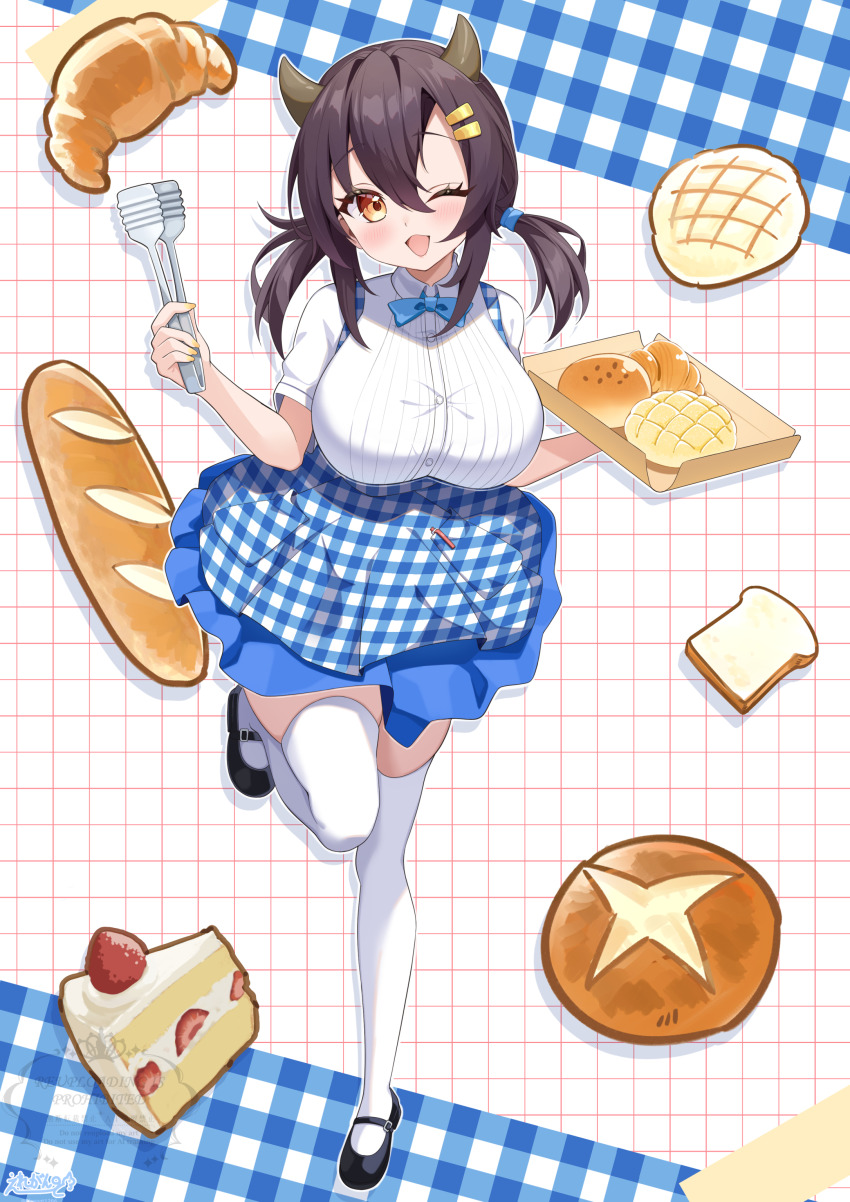1girl absurdres alternate_costume apron azur_lane blue_apron blush bread breasts brown_eyes checkered_apron checkered_clothes elegant_(sumisumi4268) employee_uniform food gingham gingham_apron gingham_skirt hair_between_eyes hair_ornament hairclip highres horns kobeya_uniform large_breasts long_hair looking_at_viewer nagara_(azur_lane) open_mouth plaid_apron plaid_clothes pleated_shirt shirt smile standing standing_on_one_leg thighhighs tongs twintails waitress white_thighhighs