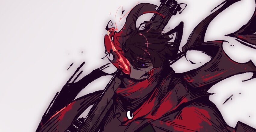brown_hair coat dark_skin e.g.o_(project_moon) fell_bullet_(e.g.o) gun heathcliff_(project_moon) holding holding_gun holding_weapon jewelry limbus_company mercuryhx necklace one_eye_covered project_moon purple_eyes red_scarf ring ring_necklace scarf shotgun weapon white_background