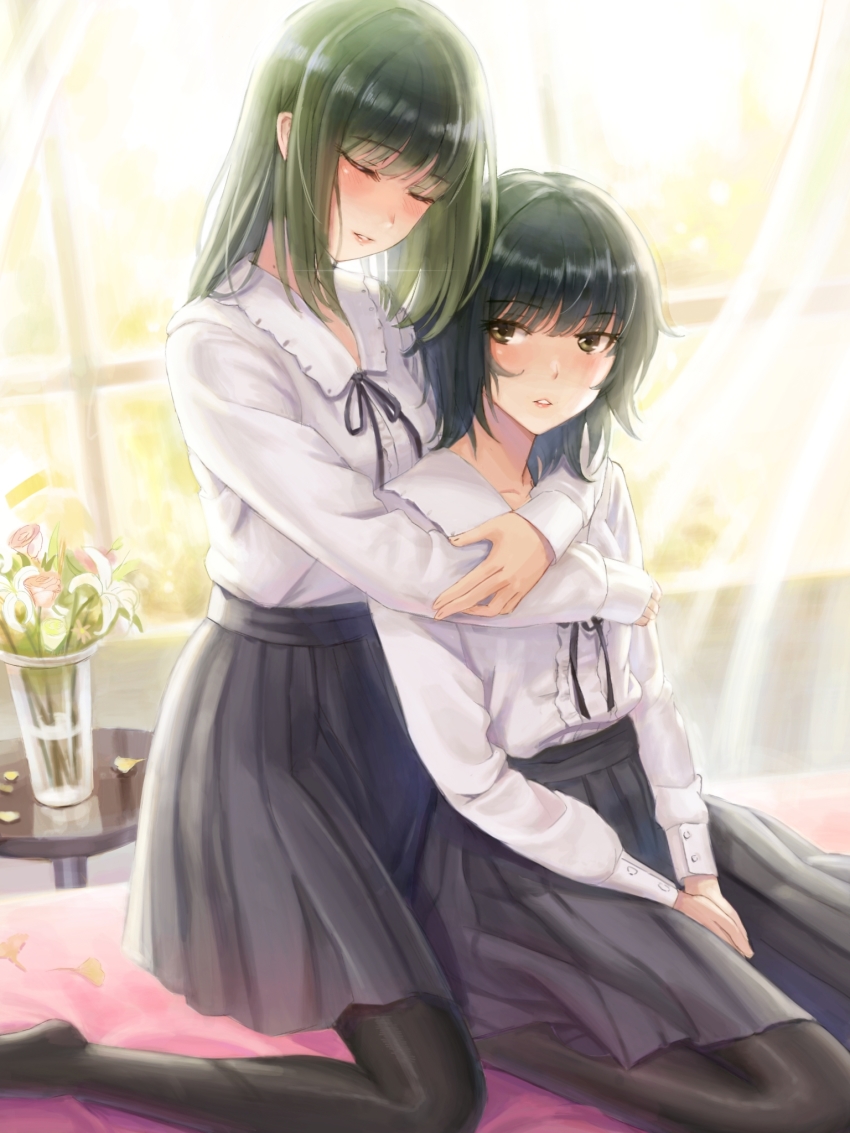 2girls between_legs black_hair black_legwear black_ribbon blush center_frills chinese_commentary closed_eyes flower flowers_(innocent_grey) frills green_hair hand_between_legs highres hug hug_from_behind kafkasea kneeling medium_hair multiple_girls no_shoes own_hands_together pantyhose parted_lips petals pleated_skirt ribbon school_uniform shirt sitting skirt table takasaki_chidori vase white_shirt window yaegaki_erika yuri