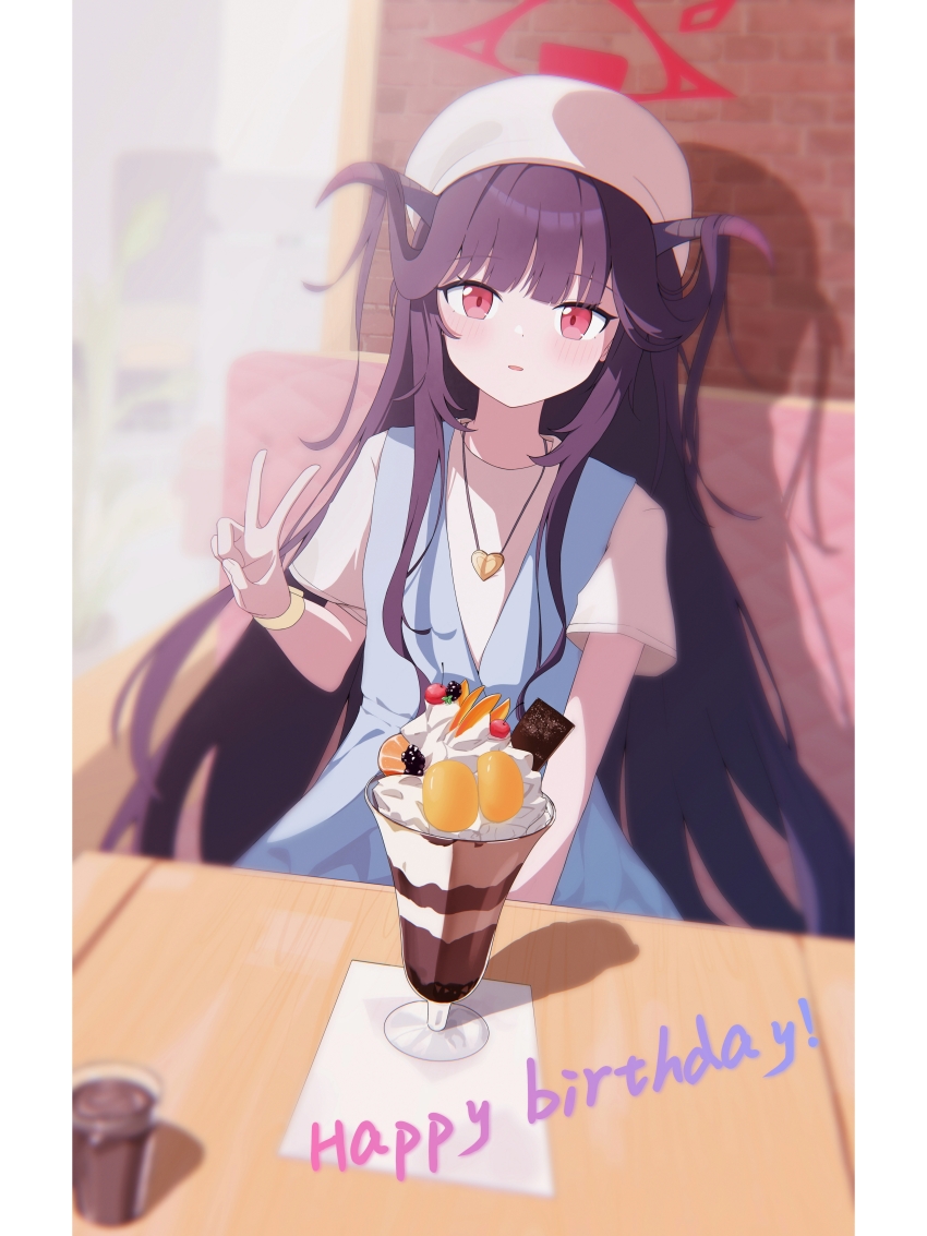 1girl 2406219391 absurdres beret black_hair black_horns blue_archive blue_dress blunt_bangs blurry blush casual demon_girl demon_horns dress food fuuka_(blue_archive) fuuka_(casual)_(blue_archive) hair_on_horn halo hand_up happy_birthday hat highres horns indoors jewelry long_hair looking_at_viewer official_alternate_costume official_alternate_hairstyle open_mouth pendant red_eyes shirt short_sleeves sidelocks sleeveless sleeveless_dress smile very_long_hair white_hat white_shirt