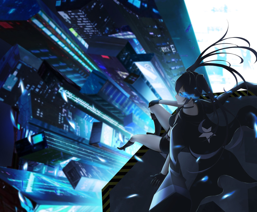 1girl absurdres bikini black_coat black_gloves black_hair black_rock_shooter black_rock_shooter_(character) black_shorts blue_eyes blue_fire boots building city coat fire flaming_eye gloves glowing glowing_eye highres long_hair neon_lights neon_palette open_clothes open_coat pale_skin shorts swimsuit twintails uneven_twintails user_wgtn3282