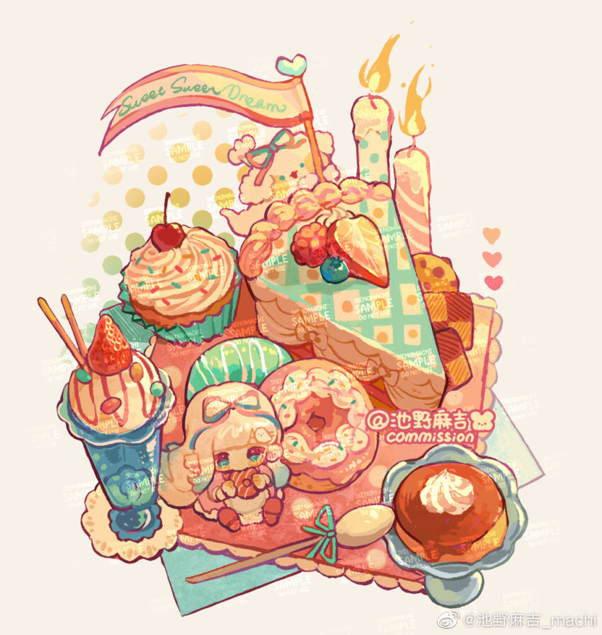 1girl absurdly_long_hair apron aqua_ribbon artist_name blue_eyes blue_ribbon bowl cake cake_slice candle candy checkerboard_cookie chewing chibi chocolate_chip_cookie colored_tips commission cookie cupcake dog donut dress eating fire flag food food_focus frilled_apron frilled_dress frills fruit ghost glass_bowl grey_hair hair_ribbon hair_spread_out halftone halftone_background holding holding_food ice_cream jelly_bean long_dress long_hair long_sleeves machi_nailao_bao mini_person minigirl multicolored_hair napkin original pink_dress pink_ribbon pink_shoes pocky poodle pudding puffy_long_sleeves puffy_sleeves ribbon sample_watermark shoes sitting spoon strawberry strawberry_slice two-tone_ribbon very_long_hair watermark watermark_grid weibo_watermark whipped_cream white_apron