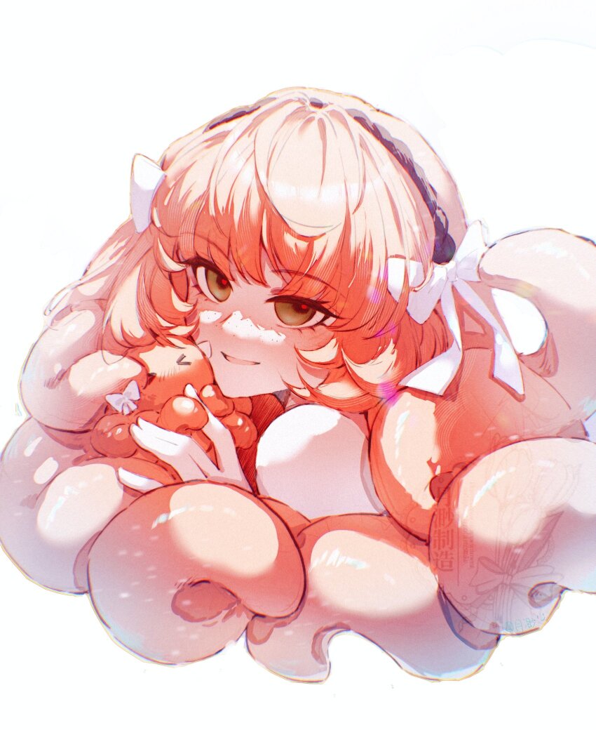 1girl commentary_request green_eyes hairband highres ishmael_(project_moon) kinala6490098 limbus_company octopus orange_hair project_moon red_pupils simple_background smile solo tentacle_hair tentacles upper_body white_background