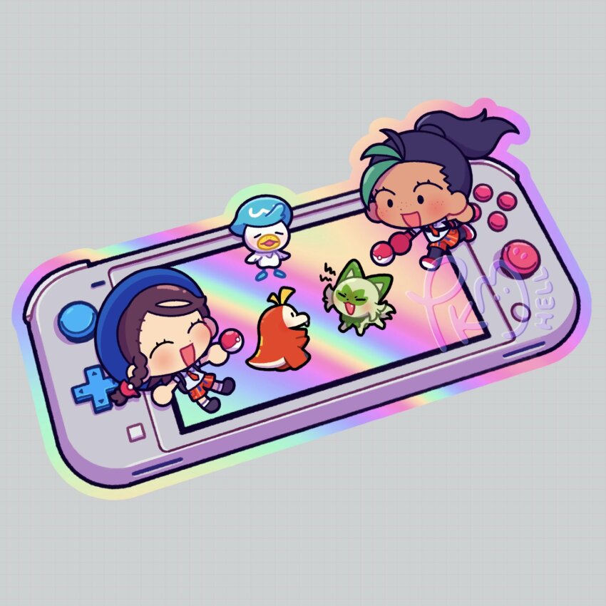 2girls :d ^_^ bird black_hair cat chibi chibi_only closed_eyes commentary dark-skinned_female dark_skin duck english_commentary eyelashes fuecoco green_hair grey_background handheld_game_console highres juliana_(pokemon) multicolored_hair multiple_girls naranja_academy_school_uniform nemona_(pokemon) nintendo nintendo_switch_lite open_mouth poke_ball poke_ball_(basic) pokemon pokemon_(creature) pokemon_sv quaxly school_uniform smile solid_oval_eyes sprigatito starter_pokemon_trio streaked_hair submashell two-tone_hair