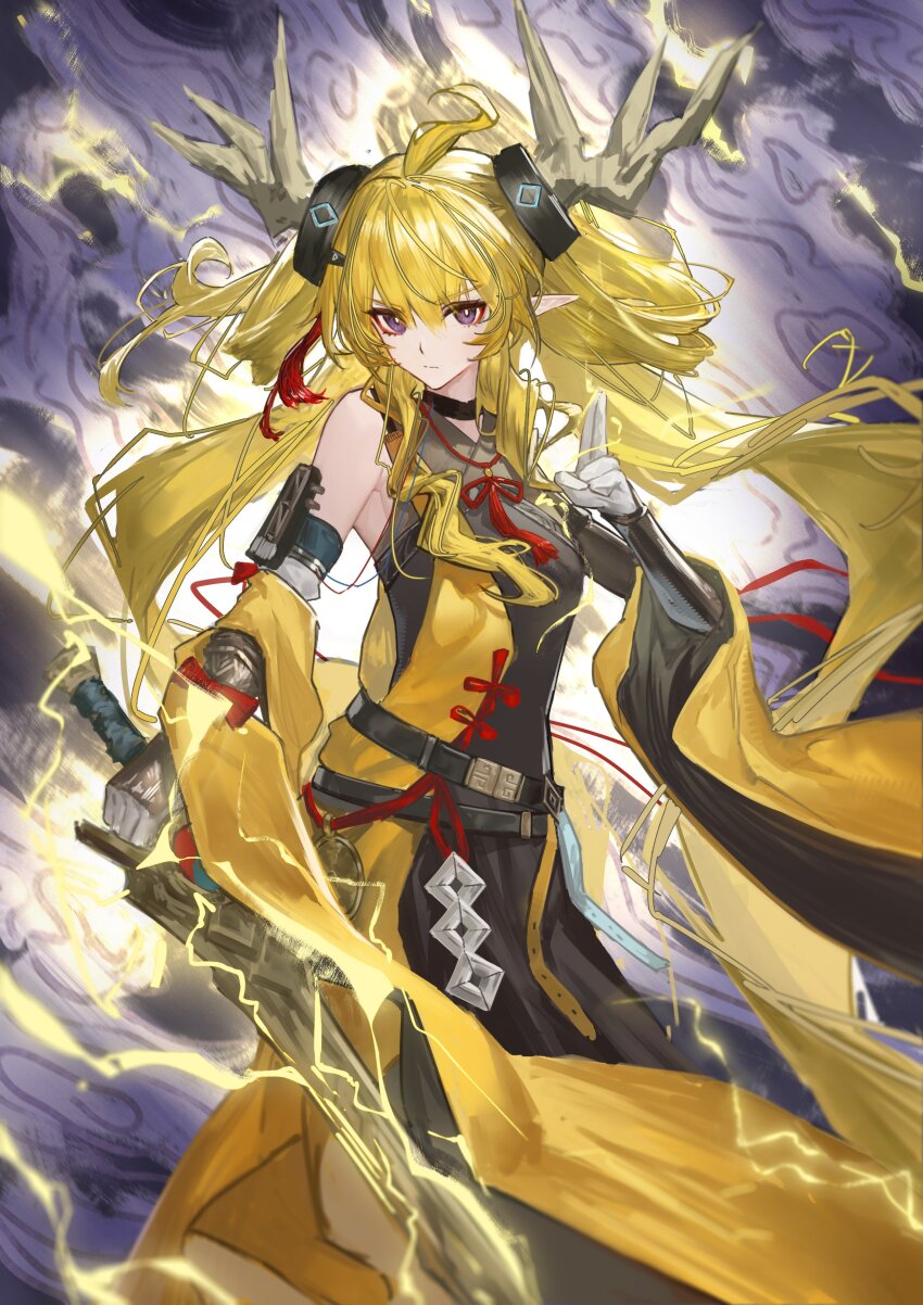 1girl absurdres arknights bare_shoulders black_choker black_dress blonde_hair bsc3507 choker dress electricity gloves highres holding holding_sword holding_weapon horns leizi_(arknights) leizi_the_thunderbringer_(arknights) long_hair looking_at_viewer pointy_ears purple_eyes sleeveless sleeveless_dress solo sword very_long_hair weapon white_gloves