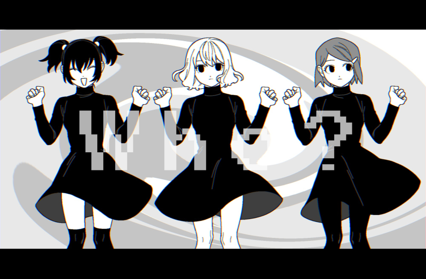 3girls ^_^ abstract_background bob_cut chromatic_aberration closed_eyes commentary_request dancing dress empty_eyes facing_viewer feet_out_of_frame hair_behind_ear hair_ornament hairclip highres ichimura_shiho letterboxed lineup long_sleeves looking_at_viewer looking_to_the_side midori_(rgonkr) mitsuya_yuki multiple_girls nikaidou_rui odd_taxi open_mouth over-kneehighs pantyhose parody pigeon-toed short_dress short_hair short_twintails smile song_name spoilers standing swept_bangs thighhighs turtleneck turtleneck_dress twintails w_arms wavy_hair who?_(vocaloid)