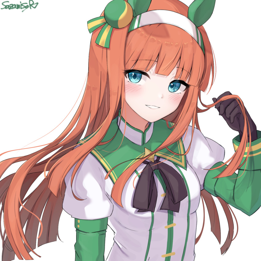 1girl animal_ears aqua_eyes black_gloves black_ribbon blue_eyes blunt_bangs bow bowtie commentary ear_covers gloves hairband hand_in_own_hair hime_cut horse_ears horse_girl jacket long_hair long_sleeves looking_at_viewer neck_ribbon orange_hair parted_lips ribbon sazamiso_rx signature silence_suzuka_(umamusume) simple_background smile solo umamusume upper_body white_background white_hairband white_jacket wind