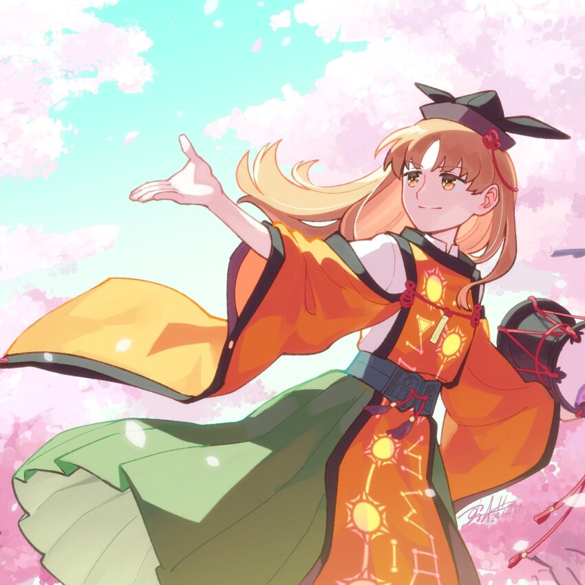 1girl blonde_hair cherry_blossoms constellation_print dress drum green_dress hat highres instrument long_hair long_sleeves looking_to_the_side matara_okina outstretched_arms shikido_(khf) shirt sky smile solo tabard touhou wide_sleeves yellow_eyes