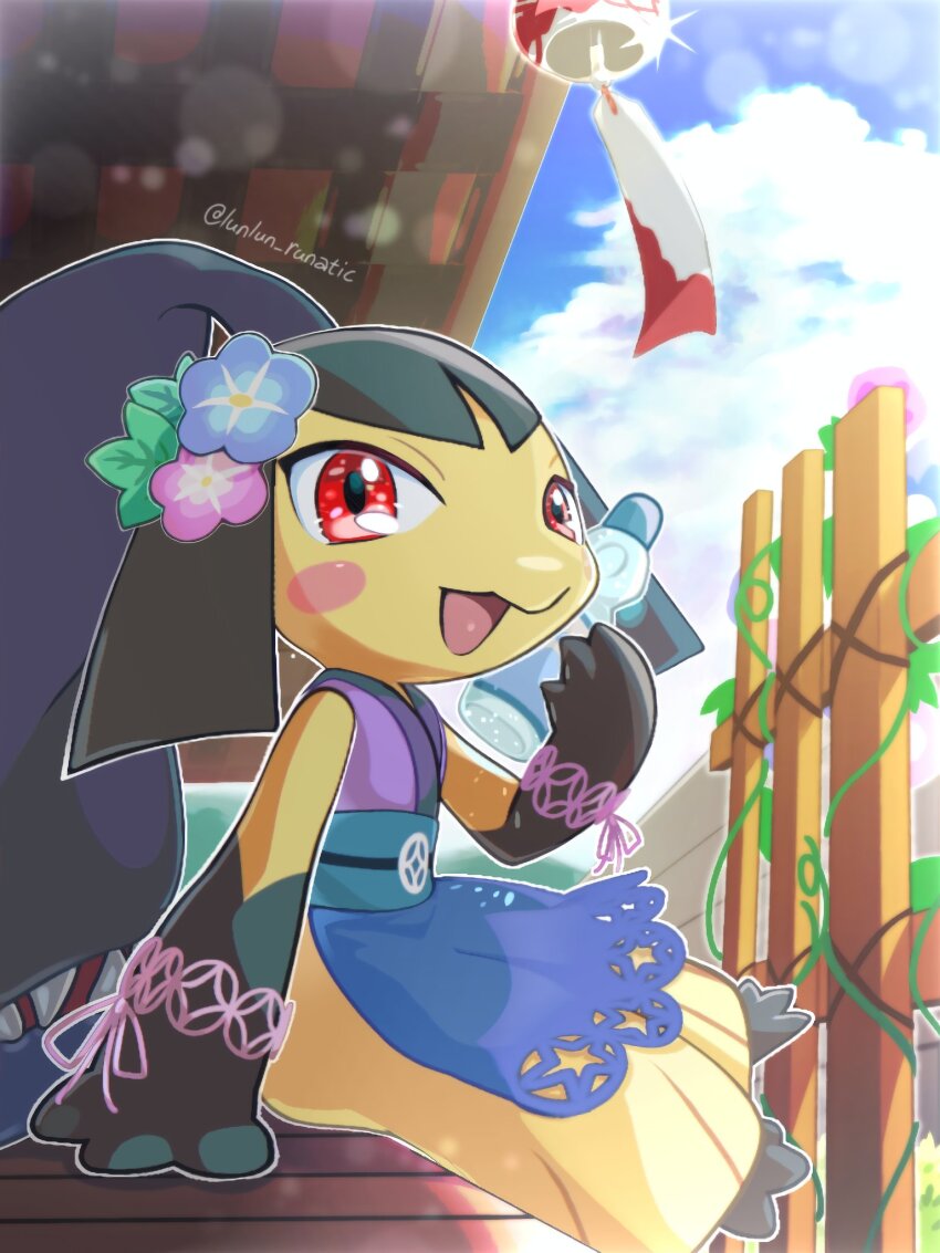 apron blush blush_stickers extra_mouth flower gen_3_pokemon highres mawile mawile_(start_of_summer) nintendo open_mouth pokemon pokemon_(creature) pokemon_cafe_remix red_eyes runachikku sitting smile solo