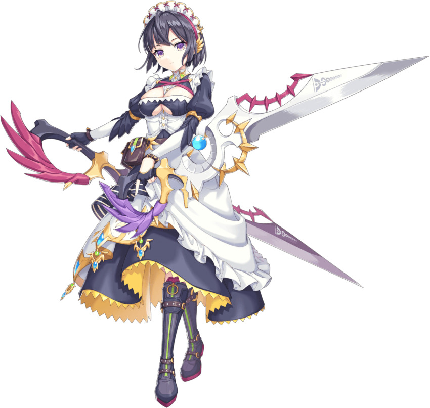 1girl artist_request bag belt black_hair boots breasts cleavage dual_wielding feather_hair_ornament feathers full_body game_cg hair_ornament helmy highres holding holding_weapon legend_clover maid_headdress official_art purple_eyes satchel short_hair third-party_source transparent_background underboob weapon