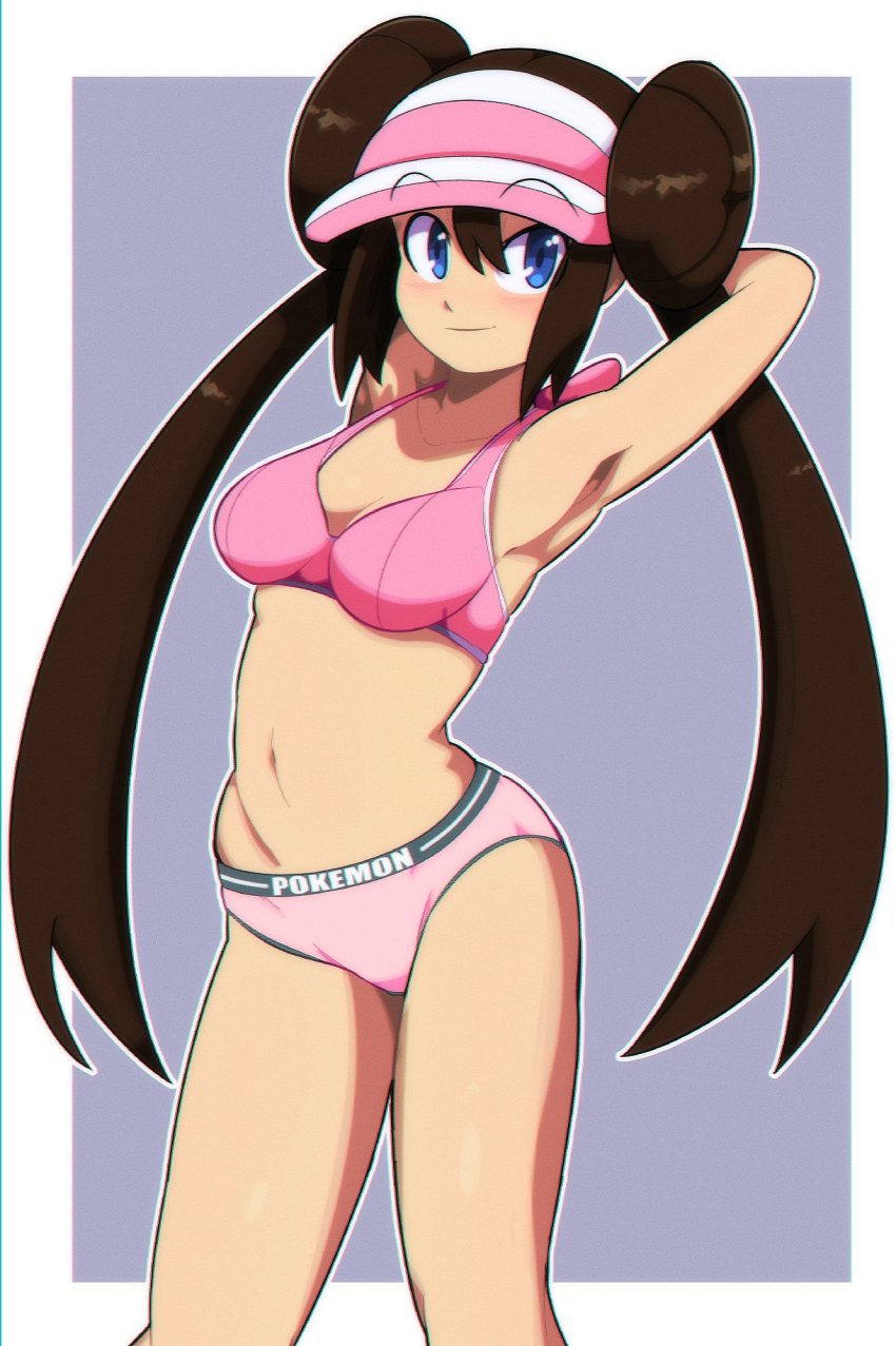arms_behind_head blue_eyes blush bra brown_hair clothes_writing double_bun euf-dreamer eyebrows_visible_through_headband full_body hair_bun highres nintendo panties pink_bra pink_headwear pink_panties pokemon pokemon_bw2 rosa_(pokemon) smile twintails underwear underwear_only underwear_writing