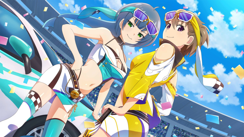 2girls ahoge akasaka_miyuki asymmetrical_legwear audience bikini black_bikini blue_hair breasts brown_hair car checkered_clothes closed_mouth closed_umbrella confetti day detached_collar dutch_angle eyewear_on_head feet_out_of_frame from_below game_cg green_eyes hand_on_own_hip highres higurashi_no_naku_koro_ni higurashi_no_naku_koro_ni_mei kurosawa_chisame long_hair looking_at_viewer midriff miniskirt mismatched_legwear motor_vehicle multiple_girls navel non-web_source official_art outdoors pencil_skirt purple_eyes race_queen race_vehicle racecar short_hair skirt smile sports_car standing string_bikini sunglasses swimsuit umbrella v-shaped_eyebrows