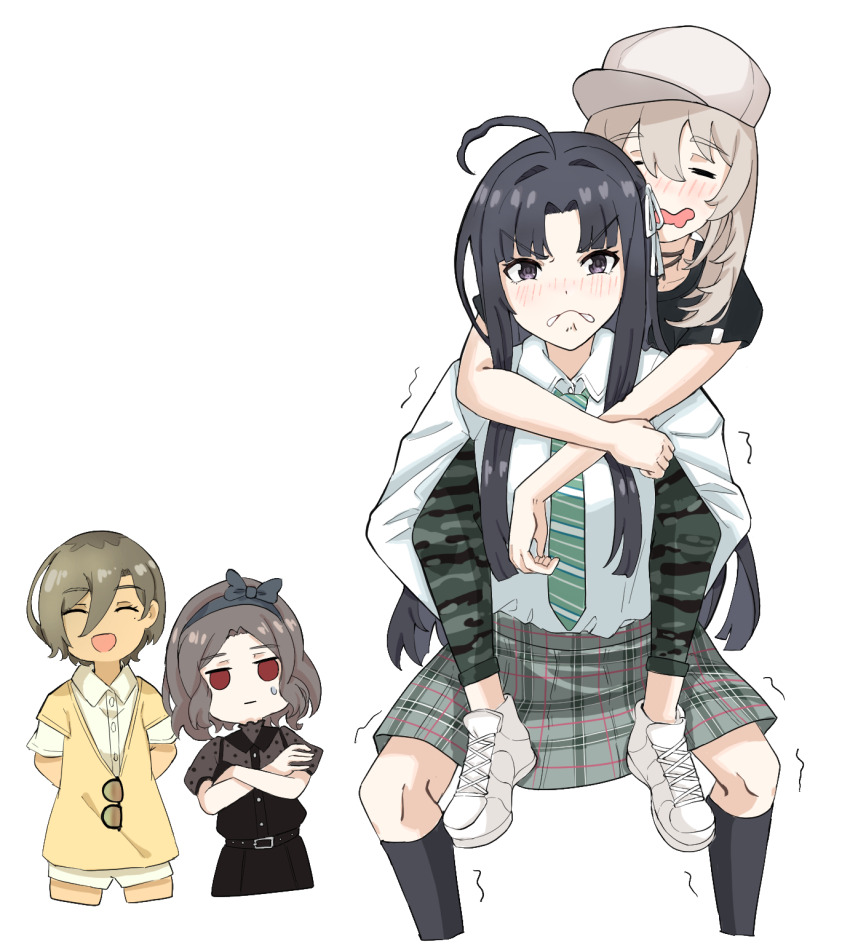 ^_^ ahoge awa_subaru baseball_cap biting_own_lip black_hair black_shirt black_skirt black_socks blush brown_hair camouflage camouflage_pants carrying carrying_person closed_eyes closed_mouth collared_shirt commentary cropped_legs diagonal-striped_clothes diagonal-striped_necktie dress_shirt drunk ebizuka_tomo girls_band_cry green_necktie grey_hair grey_hairband grey_skirt hair_between_eyes hair_ribbon hairband hat highres jitome kawaragi_momoka kneehighs long_hair long_hair_between_eyes long_sleeves mole mole_under_eye multicolored_hair necktie open_mouth pants parted_bangs plaid_clothes plaid_skirt pleated_skirt puffy_short_sleeves puffy_sleeves purple_eyes red_eyes ribbon roots_(hair) rupa_(girls_band_cry) sagittarius_(cruxhkg) school_uniform shirt shirt_tucked_in short_hair short_sleeves sidelocks simple_background skirt socks striped_clothes sweater_vest trembling wavy_mouth white_background white_hat white_ribbon white_shirt yellow_shirt yellow_sweater_vest