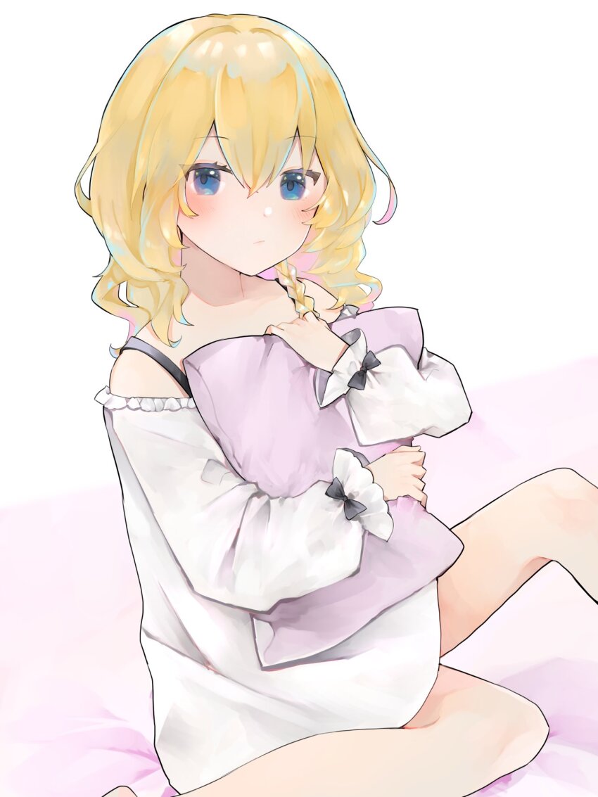 :/ bare_shoulders bed_sheet blonde_hair blue_eyes blush braid closed_mouth expressionless hair_between_eyes highres hugging_object kirisame_marisa long_sleeves looking_at_viewer medium_hair minatsuki_yurara nightgown pillow pillow_hug sitting touhou white_background white_nightgown