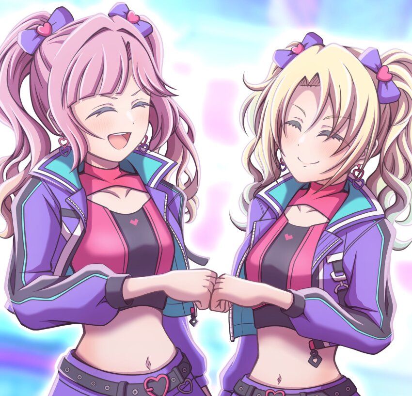2girls :d ^_^ above_cleavage_cutout anyoji_hime belt black_belt blonde_hair bow closed_eyes closed_mouth collarbone collared_jacket commentary_request crop_top cropped_jacket cropped_shirt curtained_hair fist_bump ganbarai hair_bow hair_ornament heart heart_belt_buckle heart_hair_ornament highres jacket link!_like!_love_live! long_sleeves love_live! midriff mira-cra_park! multiple_girls navel official_alternate_costume official_alternate_hairstyle open_clothes open_jacket open_mouth osawa_rurino parted_bangs pink_hair pink_shirt purple_bow purple_jacket purple_skirt shirt skirt smile split_mouth teeth twintails upper_teeth_only v-shaped_eyebrows virtual_youtuber