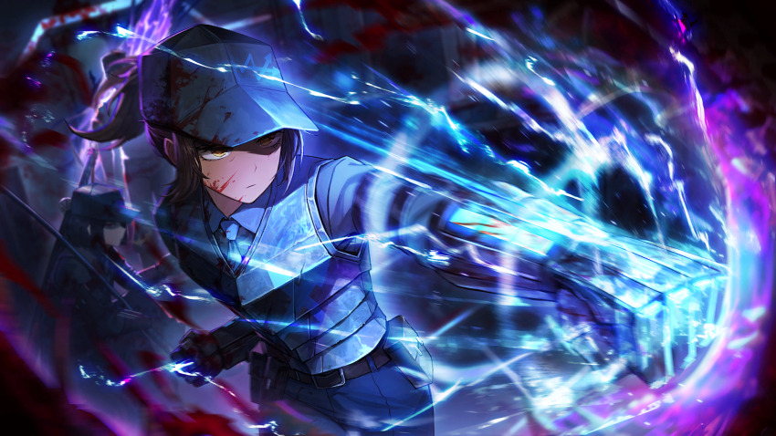 1boy 2girls armor bag baseball_cap belt belt_buckle black_belt black_hair black_pants black_shirt blood blood_on_clothes blood_on_face blood_on_hat blood_on_wall breastplate brown_eyes brown_hair buckle closed_mouth collared_shirt covered_face dark-skinned_female dark_skin glowing half_updo hat high_ponytail highres indoors limbus_company multiple_girls necktie official_art ootachi outis_(project_moon) pants ponytail portal_(object) power_fist project_moon punching red_eyes ryoshu_(project_moon) shaded_face shirt short_hair squatting standing third-party_source train_interior w_corp._(identity)_(project_moon) yi_sang_(project_moon)