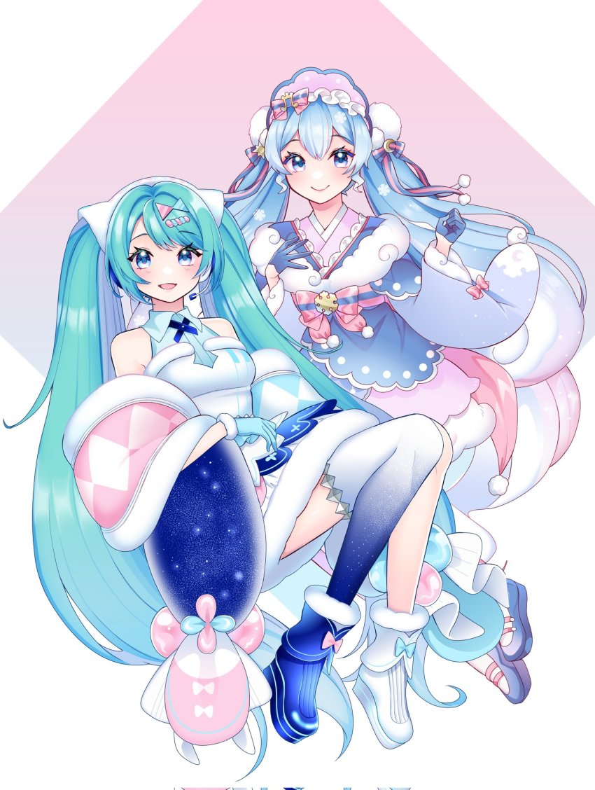 2girls aqua_eyes aqua_hair bare_shoulders blue_gloves blue_hair blue_kimono blue_ribbon blue_thighhighs boots bow bowtie commentary crescent crescent_hair_ornament dress fur-trimmed_boots fur-trimmed_dress fur-trimmed_gloves fur-trimmed_kimono fur-trimmed_sleeves fur_trim gloves gradient_hair gradient_legwear hair_bow hair_ornament hair_ribbon half_gloves hatsune_miku headdress headset highres japanese_clothes kimono light_blue_hair magical_mirai_(vocaloid) magical_mirai_miku magical_mirai_miku_(2020_winter) masumofu multicolored_hair multiple_girls night night_sky open_mouth pink_bow pink_bowtie pink_hair pink_kimono pom_pom_(clothes) ribbon single_thighhigh sky sleeveless sleeveless_dress smile snowflake_print star_(symbol) star_print striped_ribbon sun_hair_ornament thighhighs trait_connection twintails two-tone_hair vocaloid white_dress white_footwear white_thighhighs wide_sleeves yuki_miku yuki_miku_(2023)
