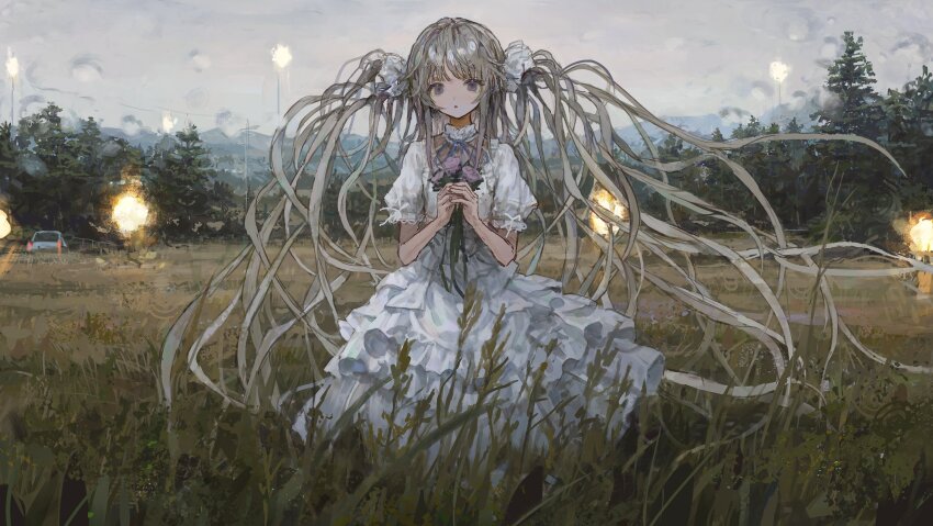 1girl absurdres car cloud cloudy_sky dress field floating_hair flower frilled_dress frills grass grey_hair grey_sky highres holding holding_flower lamppost long_hair looking_at_viewer motor_vehicle nature original outdoors overcast own_hands_together puffy_sleeves purple_eyes purple_flower ribbon shion_(mirudakemann) short_sleeves sky solo standing tree twintails very_long_hair white_dress