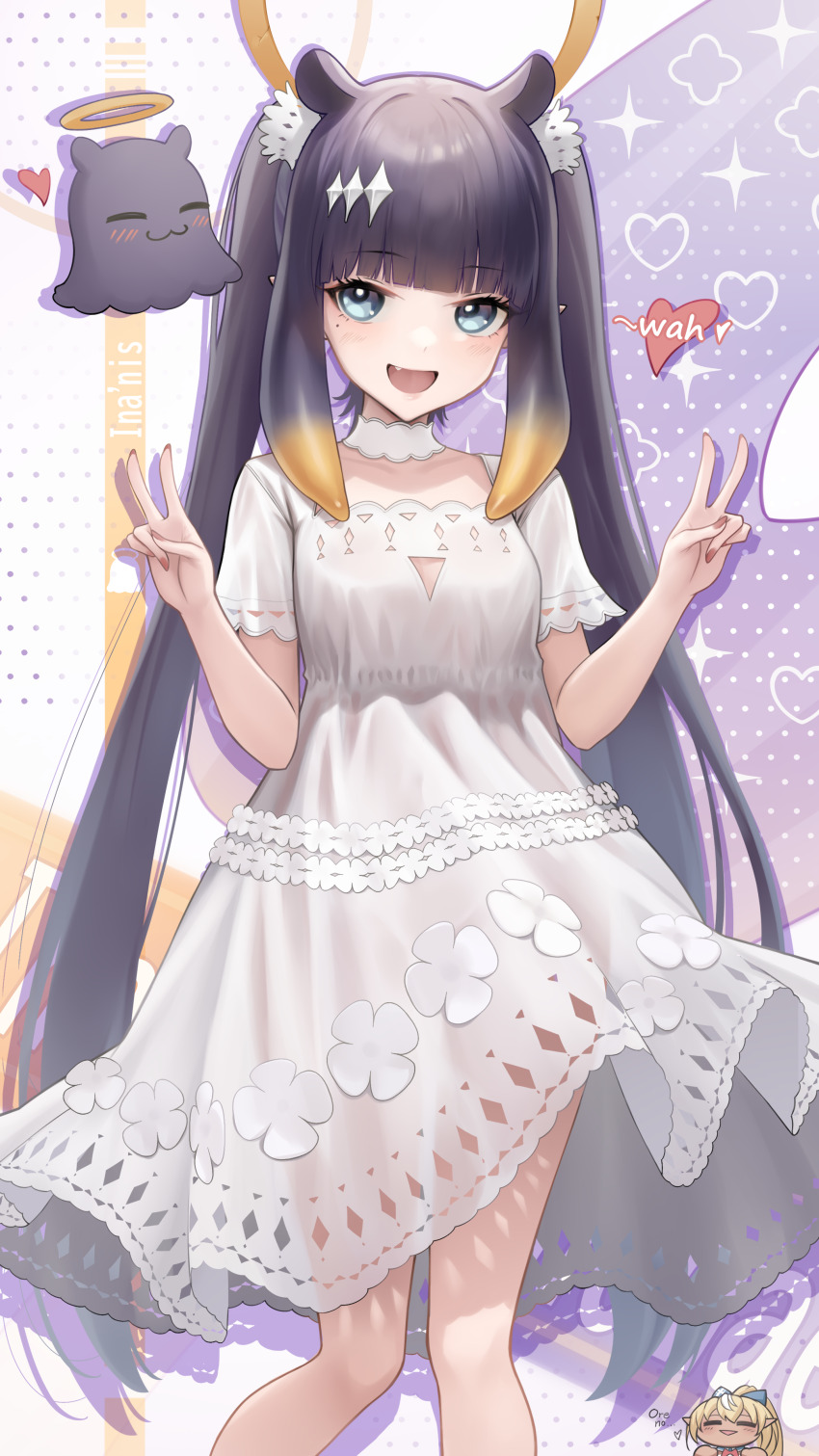 2girls :d absurdres animal_ears blonde_hair blue_eyes blunt_bangs blush breasts commentary dark-skinned_female dark_skin double_v dress elf english_commentary fang halo highres hololive hololive_english long_hair mole mole_under_eye multicolored_hair multiple_girls ninomae_ina&#039;nis open_mouth pointy_ears purple_hair shiranui_flare shiranui_flare_(1st_costume) small_breasts smile solo_focus somebody_(leiking00) takodachi_(ninomae_ina&#039;nis) tentacle_hair twintails two-tone_hair v very_long_hair virtual_youtuber white_dress white_hair