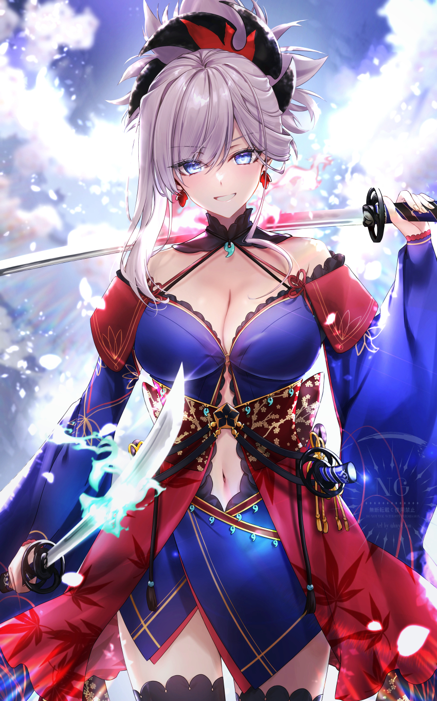 1girl absurdres bare_shoulders black_thighhighs blue_eyes blue_kimono breasts cleavage clothing_cutout commentary_request cowboy_shot dual_wielding fate/grand_order fate_(series) grin hair_ornament hane_yuki high_ponytail highres holding holding_sword holding_weapon japanese_clothes katana kimono large_breasts looking_at_viewer magatama miyamoto_musashi_(fate) miyamoto_musashi_(third_ascension)_(fate) navel navel_cutout pink_hair ponytail smile solo sword thighhighs weapon weapon_across_shoulders