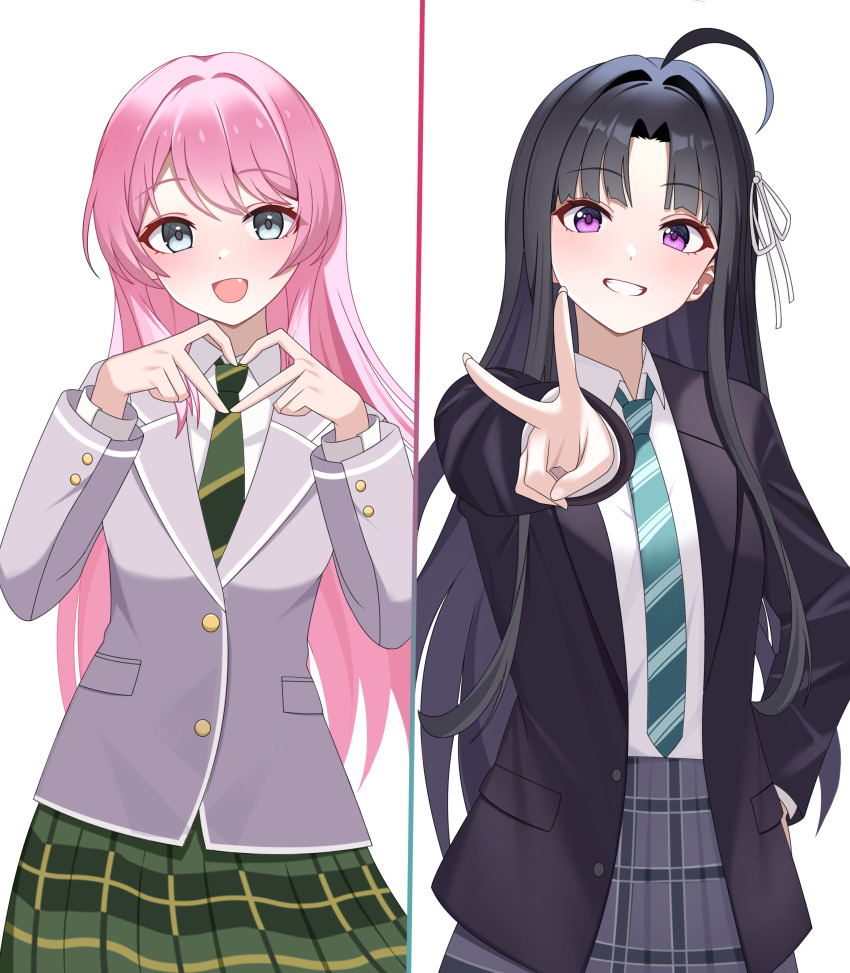 2girls four-finger_heart_hands absurdres ahoge awa_subaru bang_dream! bang_dream!_it&#039;s_mygo!!!!! black_hair blue_necktie chihaya_anon commentary diagonal-striped_clothes diagonal-striped_necktie fang genre_connection girls_band_cry green_necktie green_skirt grey_eyes grey_jacket grey_skirt hair_intakes hair_ribbon haneoka_school_uniform heart heart_hands highres jacket kenomotsu_yukuwa long_hair long_sleeves multiple_girls necktie open_clothes open_jacket open_mouth pink_hair plaid_clothes plaid_skirt ribbon school_uniform shirt sidelocks skirt striped_clothes v white_background white_ribbon white_shirt