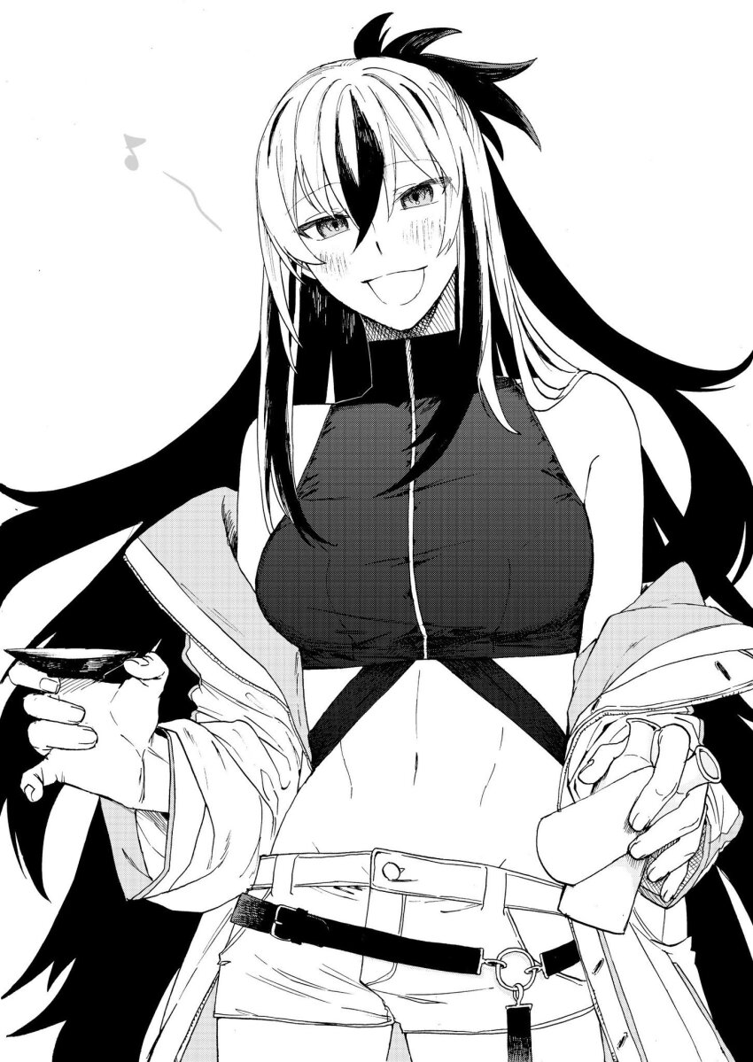 1girl blush bottle breasts commentary_request cowboy_shot crop_top cup fate/grand_order fate_(series) hair_between_eyes highres holding holding_bottle holding_cup jacket jacket_partially_removed long_hair looking_at_viewer medium_breasts multicolored_hair musical_note nagao_kagetora_(fate) navel noz_2to open_mouth sakazuki shorts simple_background smile solo two-tone_hair uesugi_kenshin_(fate) uesugi_kenshin_(second_ascension)_(fate) very_long_hair