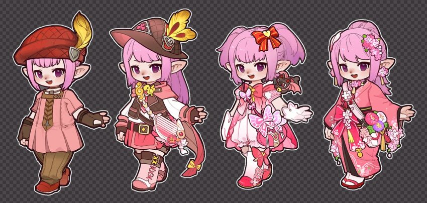1girl bow brown_hat brown_necktie brown_pants brown_vest cape final_fantasy final_fantasy_xiv flaw_eight hair_bow hat japanese_clothes kimono lalafell long_sleeves looking_at_viewer multiple_views necktie open_mouth pants pink_cape pink_eyes pink_hair pink_kimono pink_skirt pointy_ears red_hat red_pants shirt sidelocks skirt smile tataru_taru twintails vest white_shirt