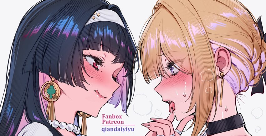 2girls artist_name astra_yao black_hair blonde_hair blush breath close-up earrings evelyn_chevalier hair_bun hairband jewelry long_hair mole mole_under_eye multiple_girls open_mouth paid_reward_available pink_eyes profile purple_eyes qiandaiyiyu saliva simple_background tongue tongue_out white_background white_hairband zenless_zone_zero