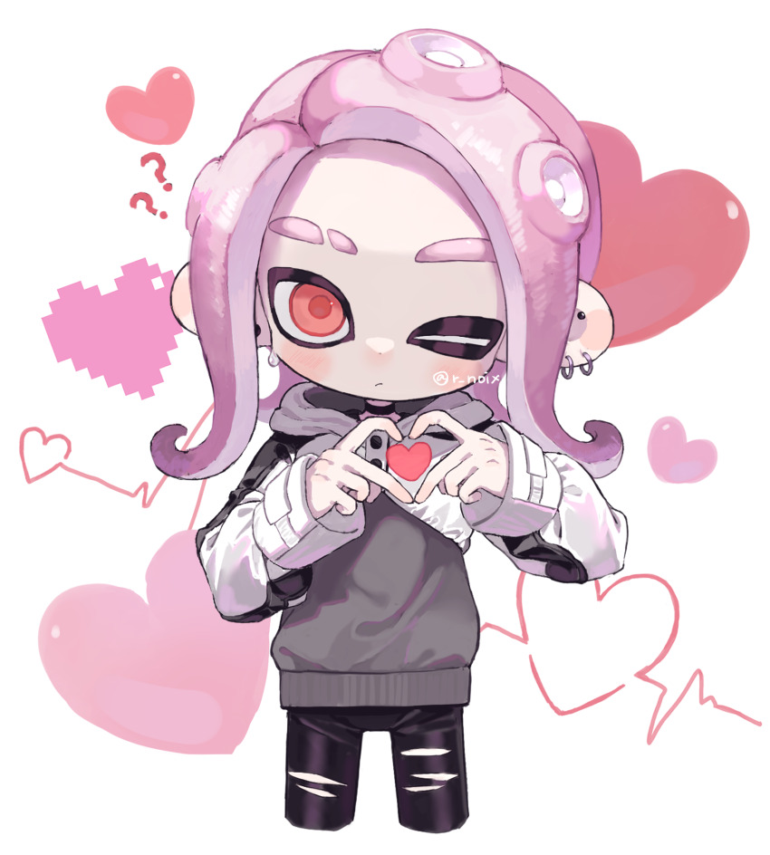 1boy ? ?? androgynous black_pants closed_mouth commentary commentary_request cowboy_shot earrings eyebrow_cut heart heart_hands highres jewelry long_sleeves male_focus medium_hair myon_rio nintendo octoling octoling_boy octoling_player_character one_eye_closed pants pink_hair red_eyes solo splatoon_(series) splatoon_3 straight-on symbol-only_commentary tentacle_hair torn_clothes torn_pants white_background