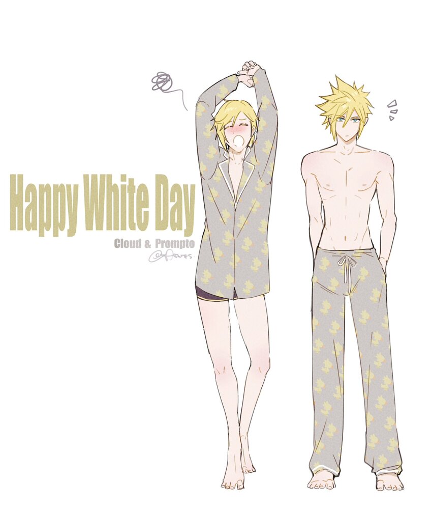 2boys aries20770321 barefoot blonde_hair blue_eyes character_print chocobo closed_mouth cloud_strife commentary english_commentary english_text final_fantasy final_fantasy_vii final_fantasy_xv hand_in_pocket highres in-franchise_crossover male_focus multiple_boys nipples open_mouth pajama_pants pajamas prompto_argentum short_hair shorts standing toned toned_male topless_male white_day yawning
