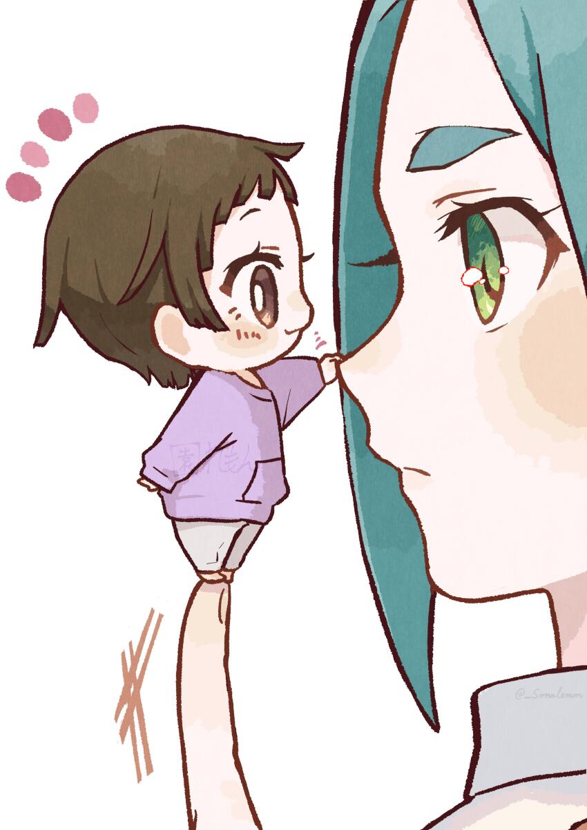 2girls absurdres aqua_eyes aqua_hair brown_eyes brown_hair closed_mouth commentary_request expressionless from_side hand_on_another&#039;s_face highres holding holding_mini_person izu_lemon jacket mini_person minigirl monogatari_(series) multiple_girls nademonogatari on_finger ononoki_yotsugi profile purple_jacket sengoku_nadeko short_bangs simple_background standing thick_eyebrows white_background