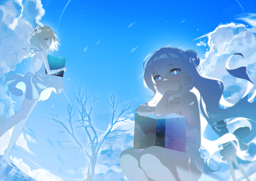 +_+ 3girls absurdres alternate_costume azur_lane backless_dress backless_outfit backlighting bare_arms bare_back bare_legs bare_shoulders bare_tree barefoot blonde_hair blue_eyes blue_sky blush bow breasts closed_mouth cloud cloudy_sky cube day double_bun dress fish floating_hair flower_eyepatch flying_fish from_side hair_between_eyes hair_bow hair_bun hair_ornament halterneck hand_on_own_face head_rest highres holding holding_cube le_malin_(azur_lane) le_terrible_(azur_lane) le_triomphant_(azur_lane) long_hair looking_at_viewer looking_to_the_side multiple_girls outdoors purple_eyes reflection reflective_water ribbon ripples sabet_(young_ouo) see-through_silhouette shoes short_dress short_hair sidelocks silhouette sky sleeveless sleeveless_dress small_breasts smile squatting standing sundress symbol-shaped_pupils tree very_long_hair walking walking_on_liquid water wavy_hair wet wet_clothes white_bow white_dress white_hair wind wind_lift