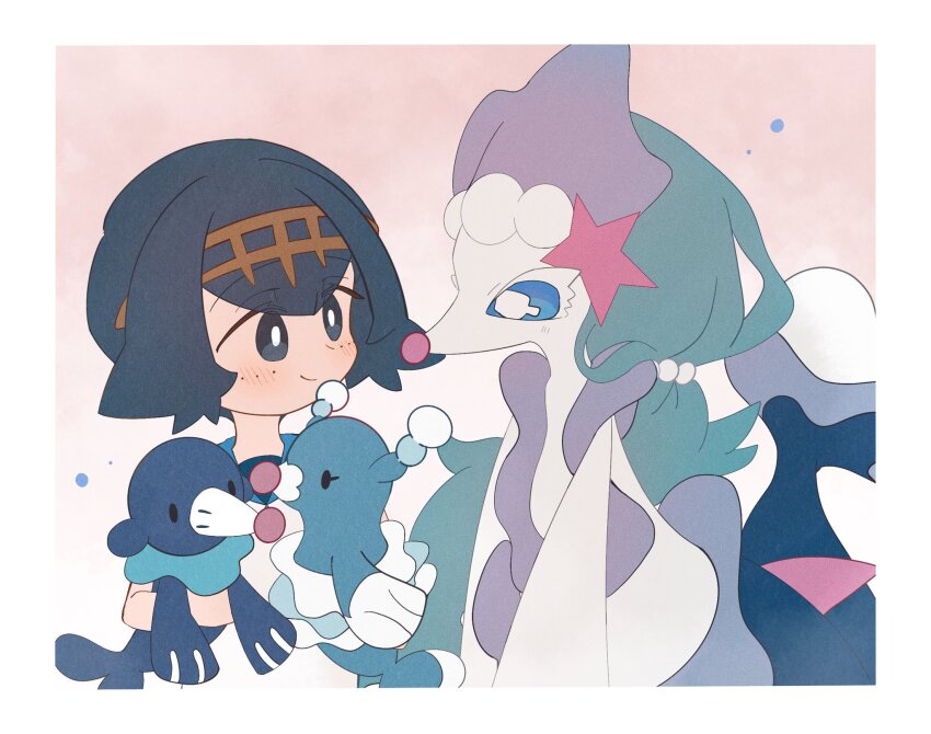 1girl black_eyes blue_eyes blue_hair blush bright_pupils brionne commentary_request evolutionary_line gen_7_pokemon highres holding holding_pokemon lana_(pokemon) long_hair nintendo pokemon pokemon_(creature) pokemon_sm popplio primarina short_hair sidelocks smile soke_sa starfish_hair_ornament white_pupils