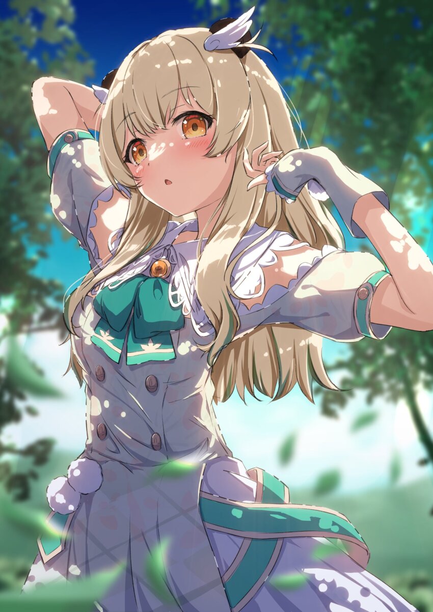 1girl akizuki_rito amatsuna_sasaha arms_up blurry blurry_background blush breasts brown_eyes brown_hair clothing_cutout commentary_request hair_ornament highres indie_virtual_youtuber leaf long_hair looking_at_viewer medium_breasts shoulder_cutout sky solo tree uniform virtual_youtuber wing_hair_ornament