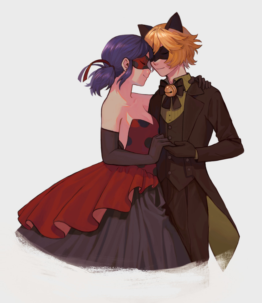 1boy 1girl adrien_agreste animal_ears artist_collaboration bare_shoulders bell black_bow black_bowtie black_coat black_gloves blue_hair blush bow bowtie breasts cat_ears chat_noir cleavage coat commentary domino_mask dress elbow_gloves english_commentary fake_animal_ears gloves hetero highres ladybug_(character) marinette_dupain-cheng marski mask miraculous_ladybug neck_bell polka_dot polka_dot_dress red_dress shiftystorm short_twintails small_breasts smile strapless strapless_dress tuxedo twintails two-sided_coat two-sided_fabric