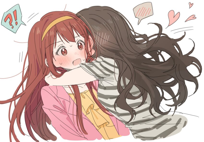 !? 2girls blush brown_hair hairband hano9789 heart highres hug idolmaster idolmaster_million_live! jacket kitazawa_shiho long_hair loose_hair_strand multiple_girls open_clothes open_jacket open_mouth pink_jacket red_eyes red_hair shirt short_sleeves simple_background speech_bubble spoken_blush striped_clothes striped_shirt tanaka_kotoha upper_body white_background yellow_hairband yuri