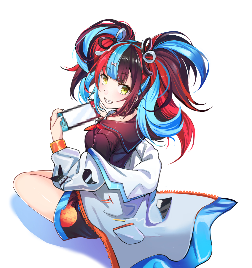 1girl absurdres black_hair black_sailor_collar black_shirt blue_hair blue_nails breasts censored fate/grand_order fate_(series) grin hair_ornament highres holding jacket jeffrey10 long_sleeves looking_back mosaic_censoring multicolored_hair nail_polish nintendo_switch off-shoulder_jacket off_shoulder playing_games red_hair sailor_collar sei_shounagon_(fate) shadow shirt sitting smile solo twintails white_background white_jacket yellow_eyes