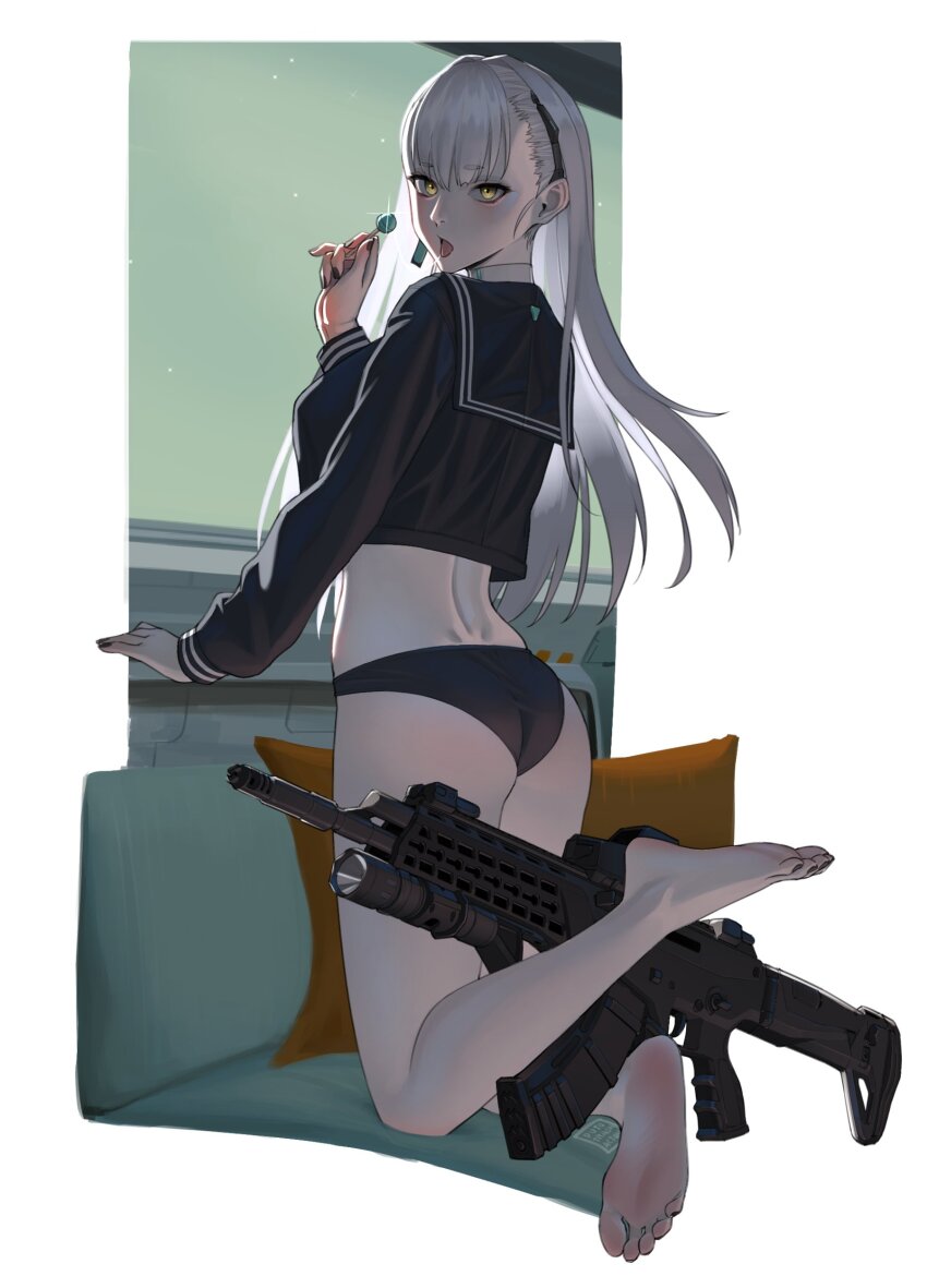 1girl absurdres ak-alfa ak-alfa_(girls&#039;_frontline) ass assault_rifle barefoot black_nails black_panties black_sailor_collar black_shirt candy commentary feet food full_body girls&#039;_frontline girls&#039;_frontline_2:_exilium gun headpiece highres holding holding_candy holding_food holding_lollipop indoors kneeling lollipop long_hair looking_at_viewer nail_polish official_alternate_costume open_mouth panties puto_trash rifle sailor_collar shirt solo toenail_polish toenails toes tololo_(girls&#039;_frontline_2) tololo_(horizon_cruise)_(girls&#039;_frontline_2) tongue underwear weapon white_background white_hair yellow_eyes