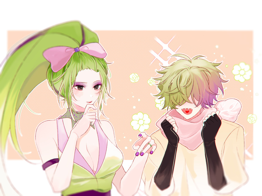 1boy 1girl :d antenna_hair bangs_pinned_back bare_arms bare_shoulders black_eyes black_gloves blurry blush border bow breasts chinese_commentary chromatic_aberration cleavage clenched_hands commentary_request covered_eyes elbow_gloves eyeshadow finger_to_own_chin fingerless_gloves floral_background food-themed_clothes gloves gradient_hair green_hair green_vest grin hair_bow hair_over_eyes hands_up headbutter_lettuce heart heart_in_mouth high_ponytail highres jewelry large_breasts long_hair makeup multicolored_hair nail_polish nose_blush open_mouth orange_background outline outside_border personification pink_bow pink_scarf pink_vest plants_vs._zombies plants_vs._zombies_2 pokra_(plants_vs._zombies) polka_dot polka_dot_background ponytail purple_eyeshadow purple_hair purple_nails red_lips ring scarf sharp_teeth shirt short_hair siiiiiiiiiii simple_background smile sparkle teeth two-tone_hair two-tone_vest upper_body upper_teeth_only very_long_hair vest white_border white_outline yellow_shirt